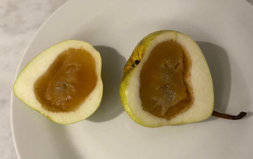 A rotten pear purchased from Woolworths Neutral Bay. Source: Facebook/James Hiley