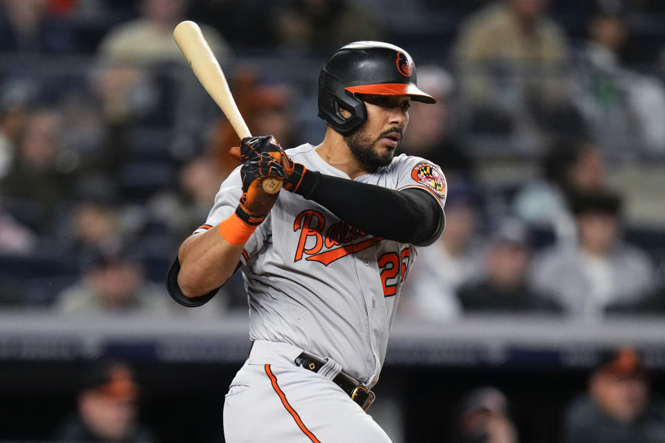 Baltimore Orioles' Anthony Santander follows through on an RBI single during the fifth inning of the team's baseball game against the New York Yankees on Thursday, May 25, 2023, in New York. (AP Photo/Frank Franklin II)