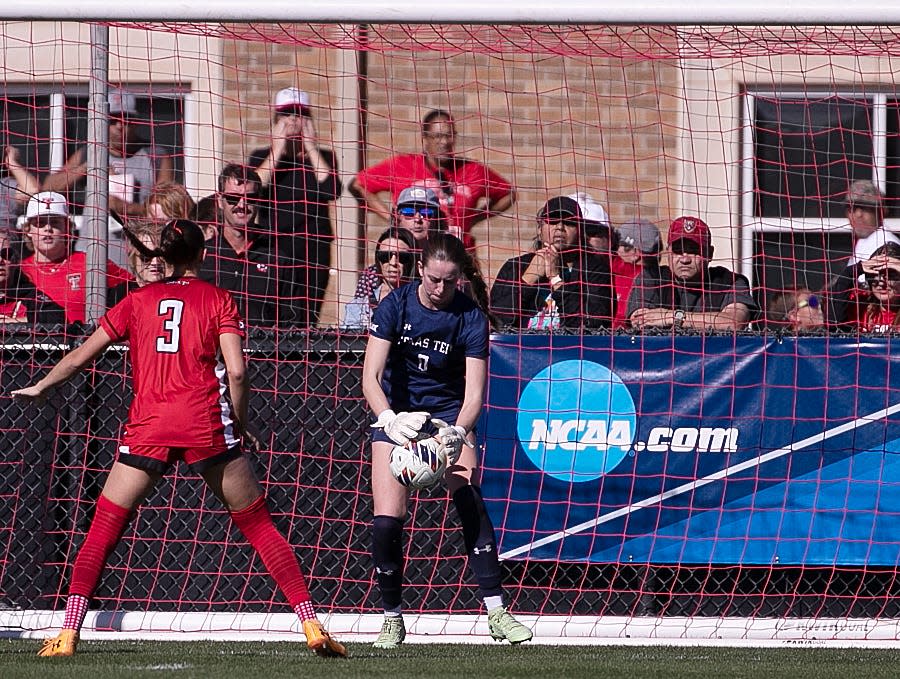 Texas Tech's goalkeeper Madison White (0) catches the ball during the Sweet 16 round of the NCAA soccer tournament, Sunday, Nov. 19, 2023, at John Walker Soccer Complex.