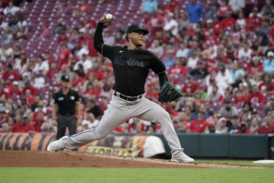 Miami Marlins starting pitcher Elieser Hernandez throws during the second inning of a baseball game against the Cincinnati Reds, Friday, Aug. 20, 2021, in Cincinnati. (AP Photo/Jeff Dean)