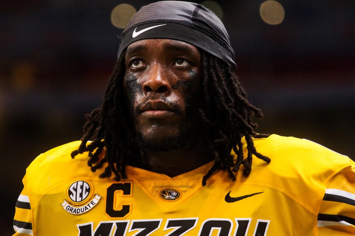 Missouri defensive tackle Darius Robinson looks on during MU's game against Memphis at the Dome at America's Center on Sept. 23, 2023, in St. Louis, Mo.