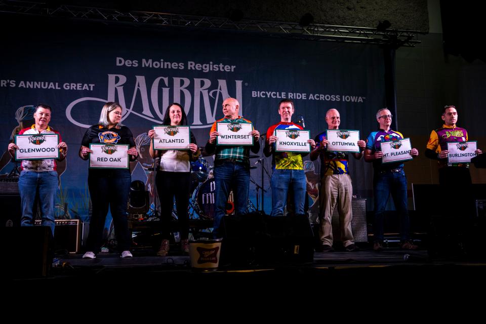 The 2024 RAGBRAI route is revealed during the RAGBRAI 2024 route announcement party at the Iowa Events Center on Saturday in Des Moines.