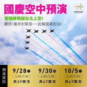 ▲蔡英文提醒，9月28日、30日和10月5日三天一早國慶預演，駕駛戰機、運輸機、直升機，飛越台北市區的上空。（圖／翻攝自蔡英文臉書）