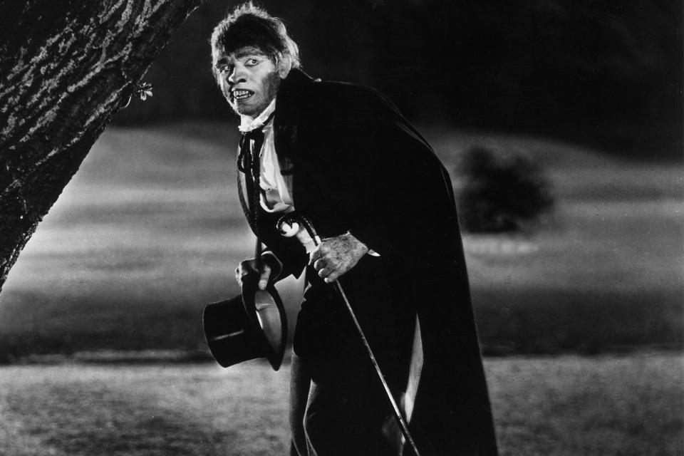 1931: American actor Fredric March (1897-1975) as Mr. Hyde standing in a park, in a still from director Rouben Mamoulian's film, 'Dr. Jekyll and Mr. Hyde'. March received an Oscar for the dual title role. (Photo by Paramount Pictures/Getty Images)