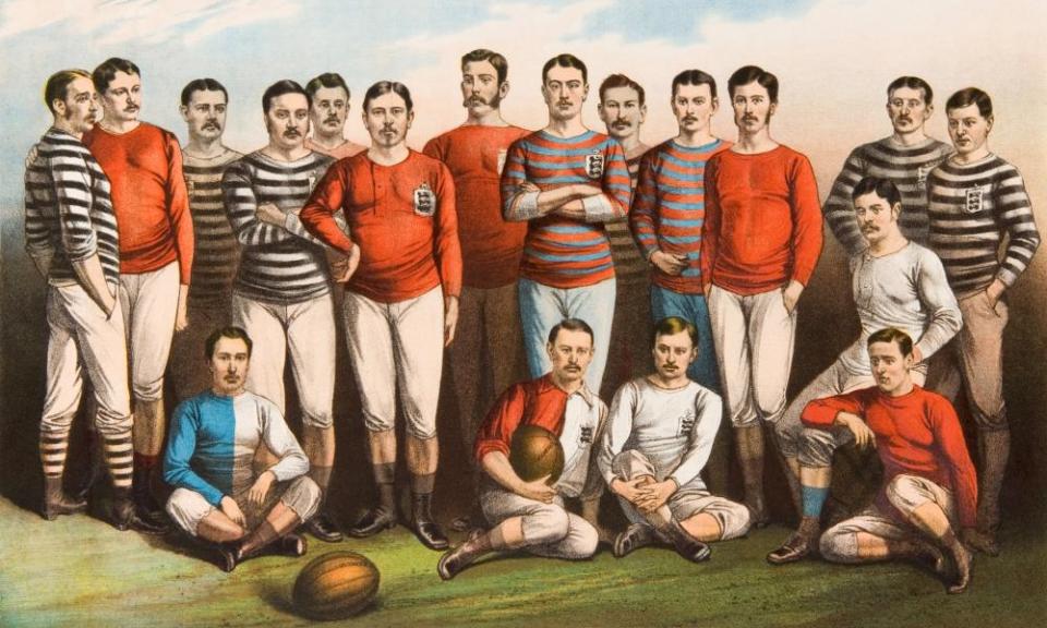 A colour lithograph featuring many of the leading players in the first decade of the FA Cup competition, circa 1881, including James Frederick McLeod Prinsep of Old Carthusians (standing fifth from right) and Herbert Whitfield of Old Etonians (front left)