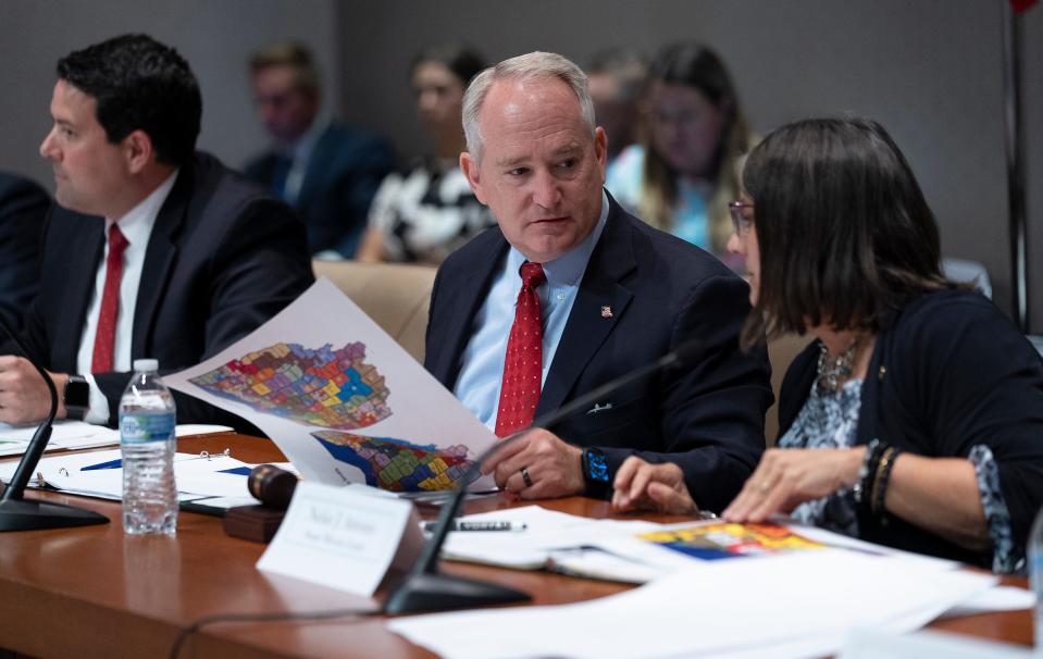 Sep 20, 2023; Columbus, OH, USA; Committee Co-Chair Keith Faber listens to Co-Chair Nickie J. Antonio speak during a meeting of the Ohio Redistricting Commission at the Rhodes State Office Tower. 