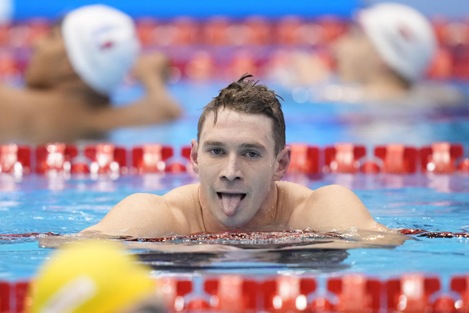 Ryan Murphy of the United States reacts after the Men's 100m backstroke finals at the World Swimming Championships in Fukuoka, Japan, Tuesday, July 25, 2023. (AP Photo/Eugene Hoshiko)