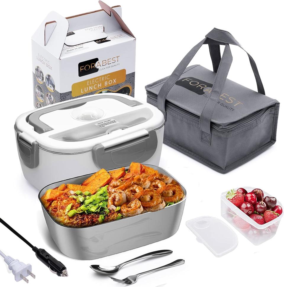 gray and white electric lunch box adult with food and supplies surrounding it