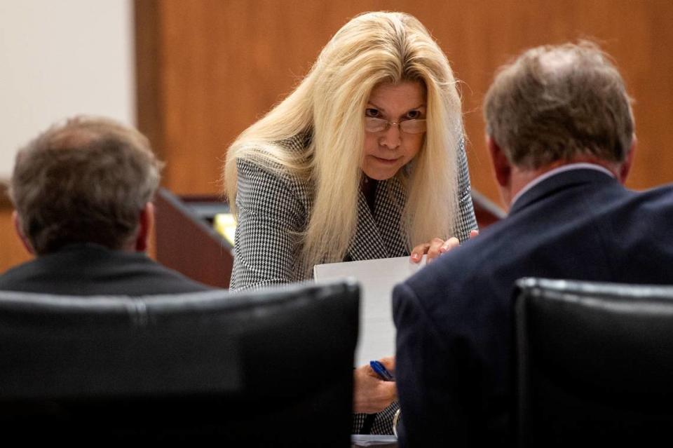 Attorney Patti Simpson shows evidence to the defense during the murder trial in which Jeremy Childress is accused of murdering Michelle Hester in Harrison County Court in Gulfport on Wednesday, June 21, 2023.