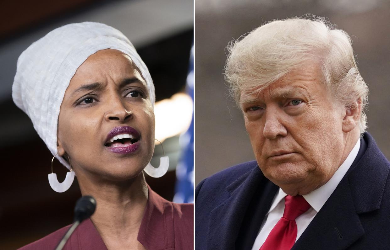 Rep. Ilhan Omar, D-Minn. (left) and former President Donald Trump (right)