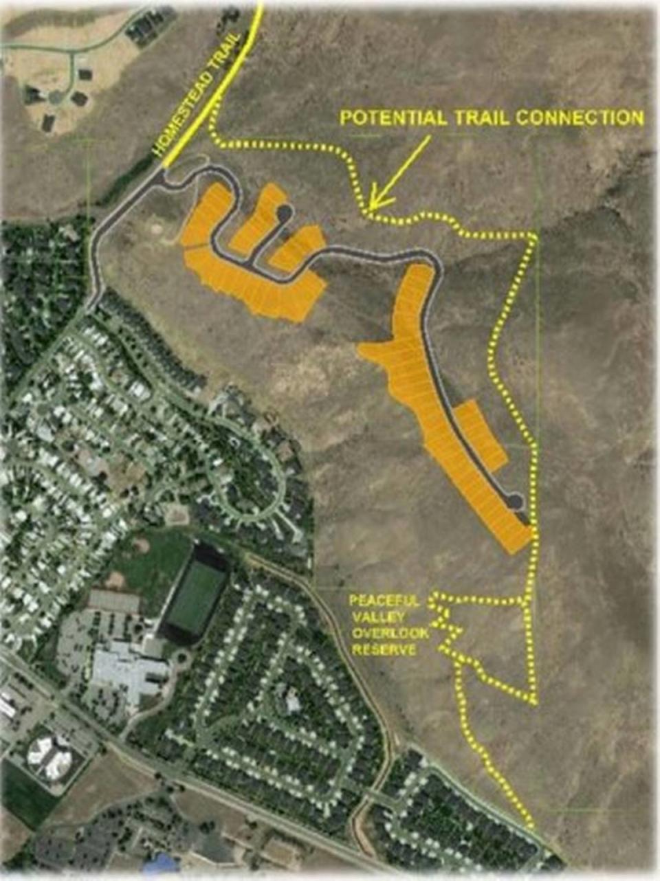 A view of the planned subdivision, which would include a new trail connecting a reserve to the south with another reserve to the north.