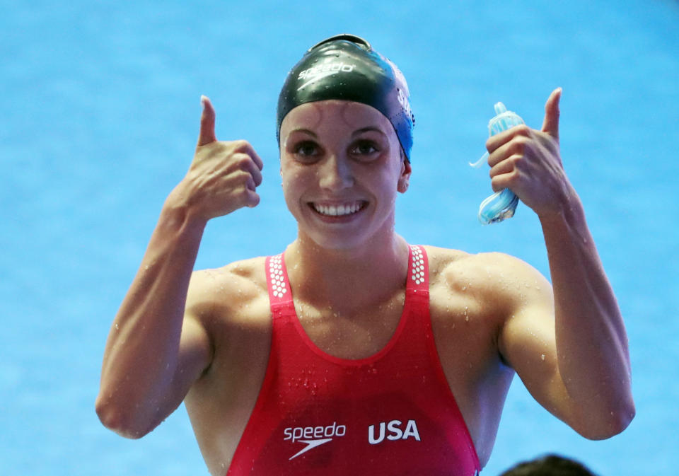 Regan Smith of the U.S. reacts after winning the women's 200m backstroke final at the 18th FINA world swimming championships in South Korea in July. (Reuters)