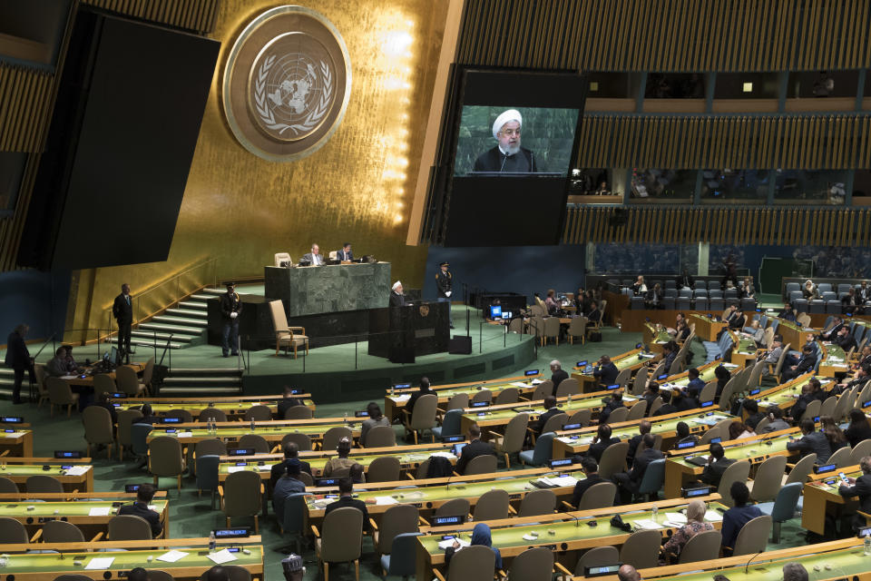 Iranian President Hassan Rouhani addresses the 73rd session of the United Nations General Assembly, Tuesday, Sept. 25, 2018 at U.N. headquarters. (AP Photo/Mary Altaffer)