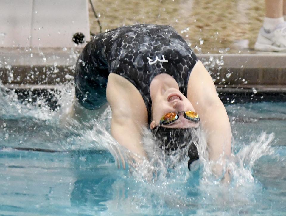 Perry's Sophie Baker compete Girls 100 Yard Backstroke of the 2022 OHSAA Division I Swimming final at C.T. Branin Natatorium.  Friday,  February 25, 2022. 