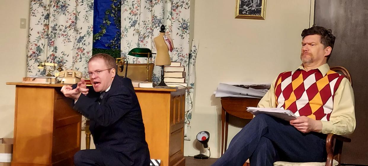 Tiemen Godwaldt, left, and Brad Mazick rehearse a scene for The Acting Ensemble's production of “Moonlight and Magnolias” that opens April 14 and continues through April 23, 2023.