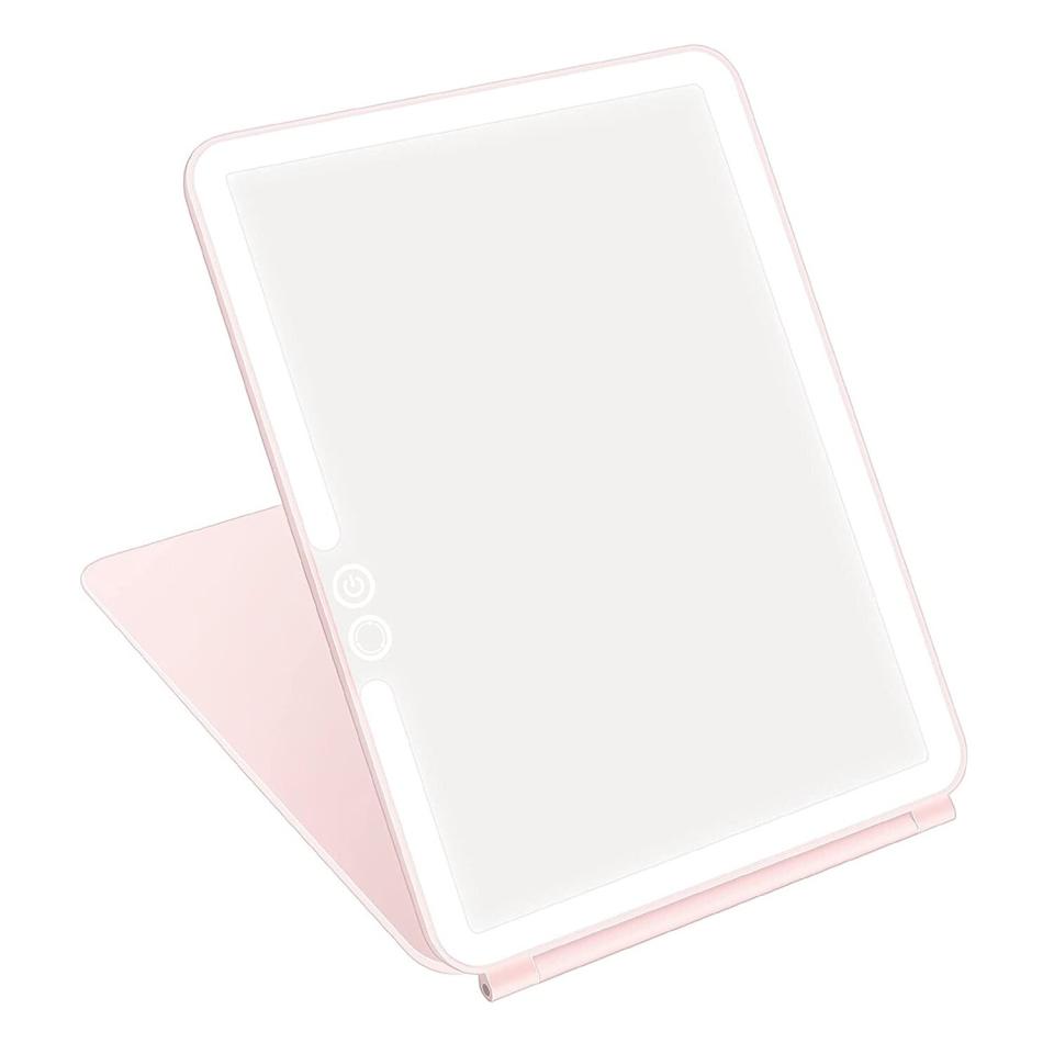 deweisn Folding Travel Mirror Lighted Makeup Mirror in Pink