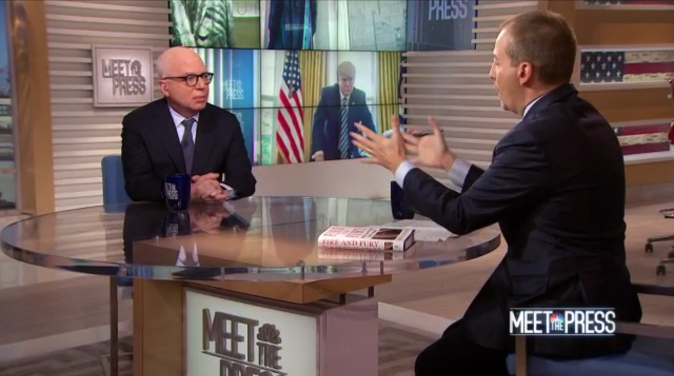 NBC News’ Chuck Todd, right, talks to Wolff about his book on the Trump administration. (Screengrab: NBC)