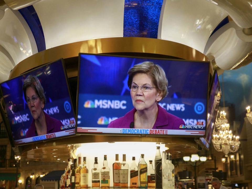 A television image of democratic presidential hopeful Elizabeth Warren is shown in a bar at a casino near the Paris Theater during the Nevada Debate in Las Vegas: Barcroft Media via Getty Images