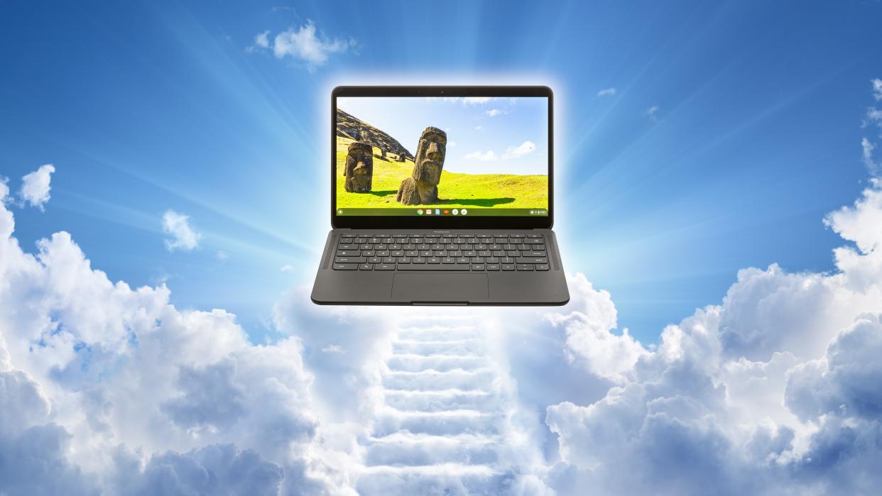  The Google Pixelbook Go Chromebook pictured in the clouds surrounded by light at the top of a stairway to heaven. 