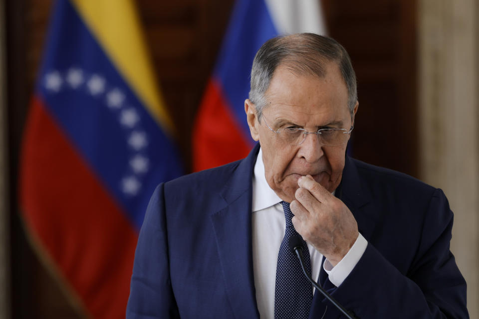 Russia's Foreign Minister Sergei Lavrov pauses during a press conference at the Foreign Ministry in Caracas, Venezuela, Tuesday, April 18, 2023. Lavrov began his tour of Latin America on Monday with a stop in Brazil. He will also visit Cuba and Nicaragua. (AP Photo/Jesus Vargas)