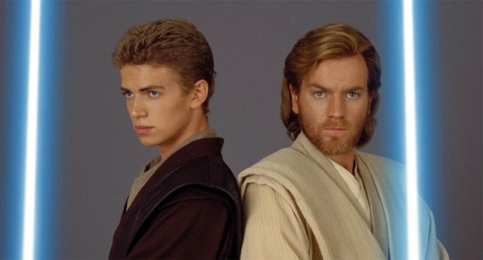 Hayden Christensen as Anakin Skywalker and Ewan McGregor as Obi-Wan Kenobi in a publicity still for Star Wars: Episode II - Attack of the Clones. (20th Century Fox)
