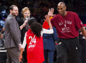 In this Feb. 14, 2016, file photo, Los Angeles Lakers Kobe Bryant (24) high-fives his daughter Gianna on the court in warm-ups before first half NBA All-Star Game basketball action in Toronto. Bryant, his 13-year-old daughter, Gianna, and several others are dead after their helicopter went down in Southern California on Sunday, Jan. 26, 2020. (Mark Blinch/The Canadian Press via AP)