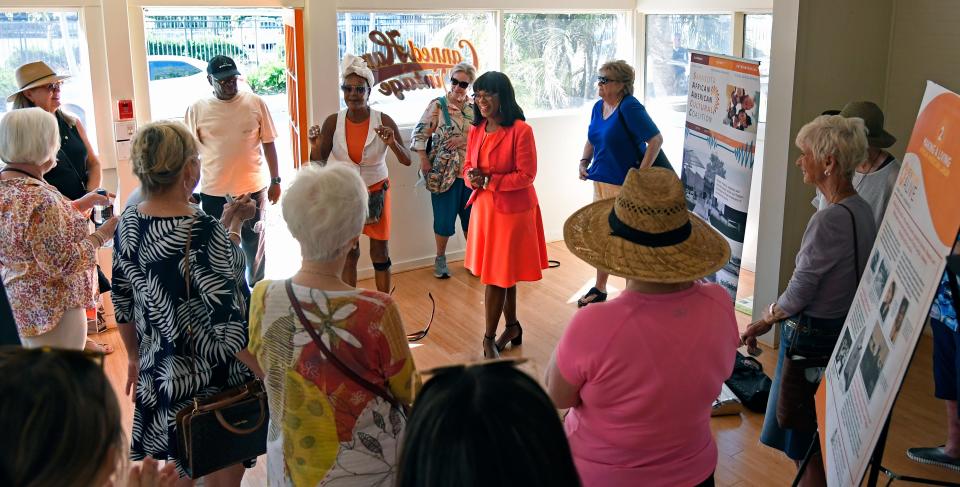 Vickie Oldham M.F.A. is president of the Sarasota African American Cultural Coalition, Inc., begins a Saturday morning trolley tour about Sarasota's African American history at the Leonard Reid home located in the Rosemary District area.