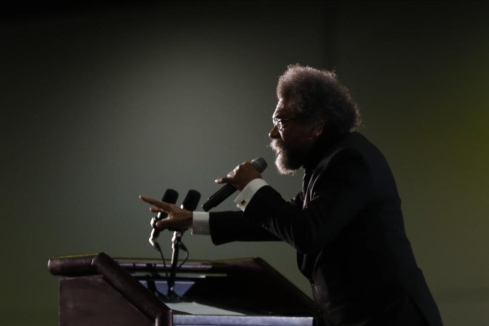 FILE - Political activist Cornel West speaks at a campaign rally for Democratic presidential candidate Sen. Bernie Sanders, I-Vt., in Detroit, Friday, March 6, 2020. Progressive activist Cornel West will run for president in 2024 as an independent, not as a member of the Green Party, his campaign said Thursday, Oct. 5, 2023. (AP Photo/Paul Sancya, File)