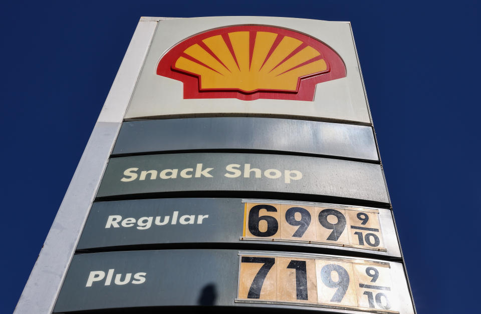 Gas prices on display at a Shell station in Los Angeles.