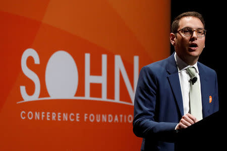 Nathaniel August, Founder and President of Mangrove Partners, presents during the 2018 Sohn Investment Conference in New York City, U.S., April 23, 2018. REUTERS/Brendan McDermid