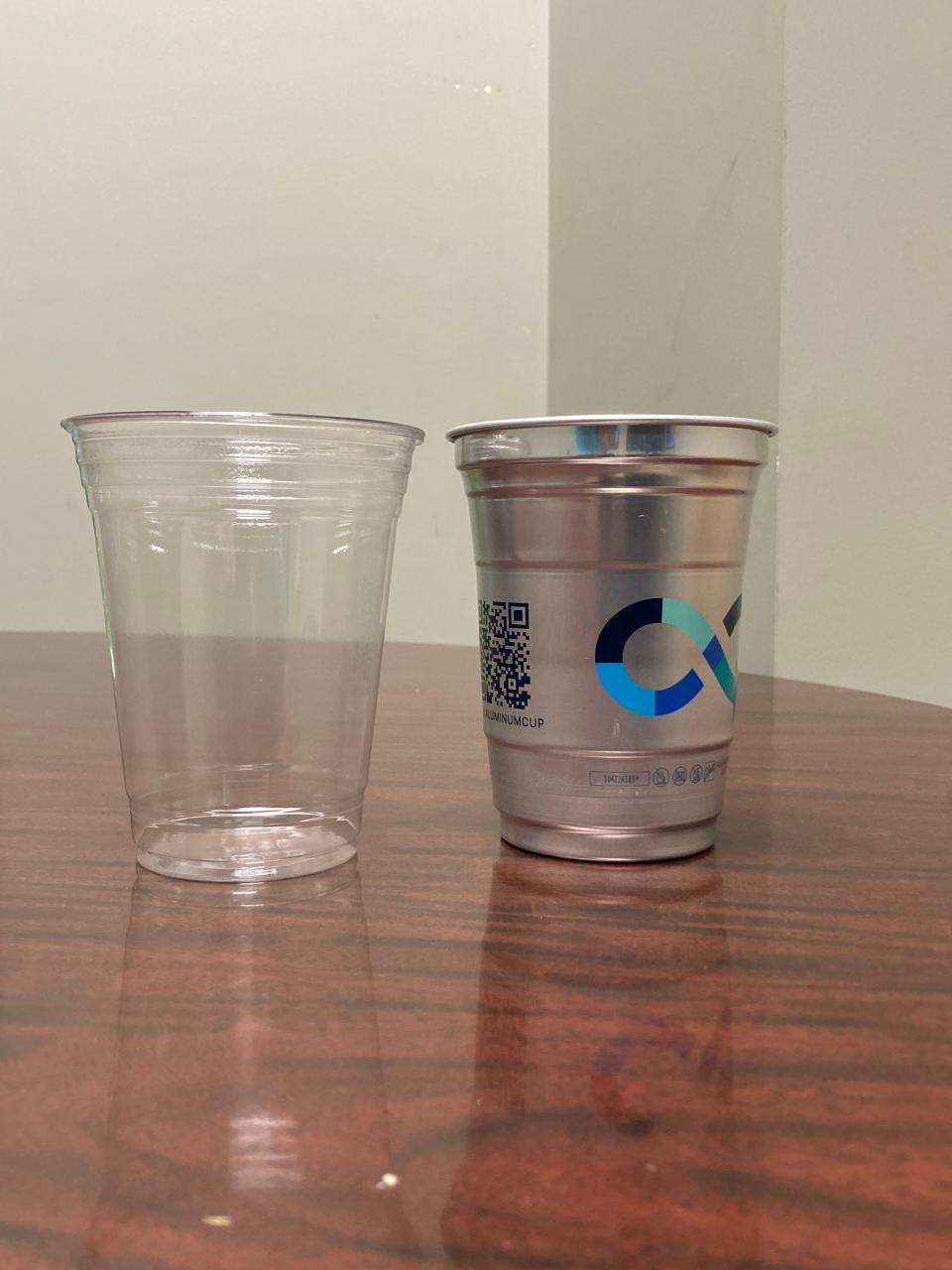 The City of Savannah has successfully piloted all-aluminum to-go cups, right, in place of plastic for bars and restaurants.