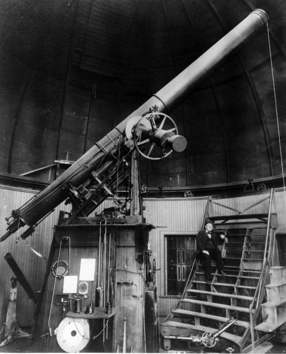 Astronomer Lewis Swift in Rochester's Warner Observatory, circa 1882 to 1894.