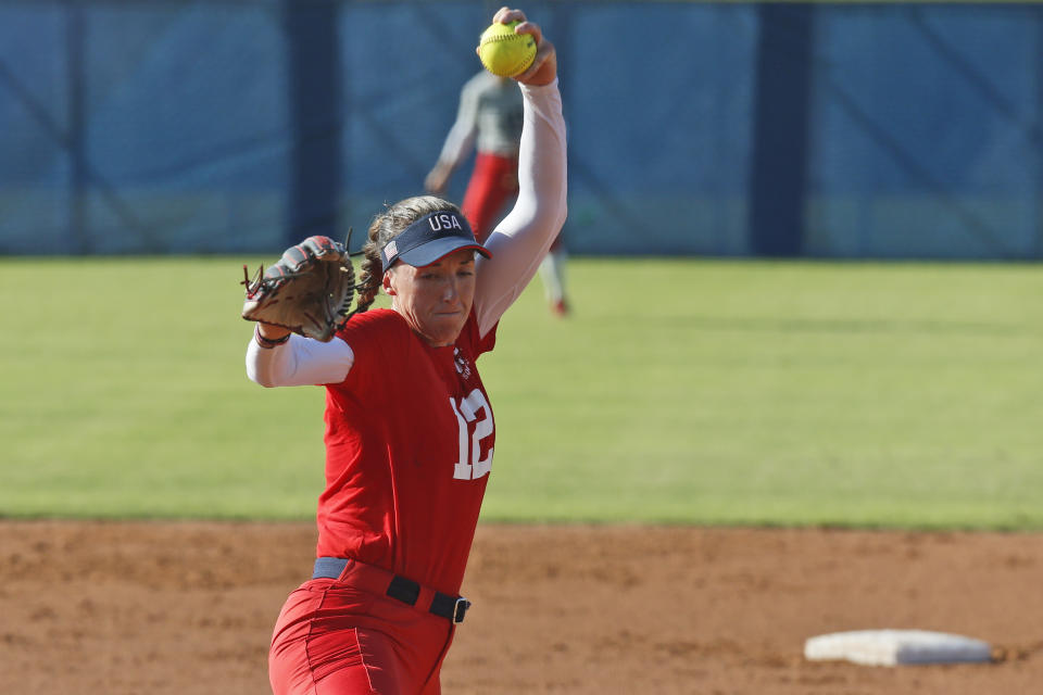 Pitcher Monica Abbott during a simulated game at the USA Softball Women's Olympic Team Selection Trials Wednesday, Oct. 2, 2019, in Oklahoma City. (AP Photo/Sue Ogrocki)