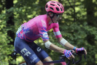 Neilson Powless of the US rides during the 16th stage of the Tour de France cycling race over 164 kilometers from La Tour-du-Pin to Villard-de-Lans Tuesday, Sept. 15, 2020. (AP Photo/Thibault Camus)