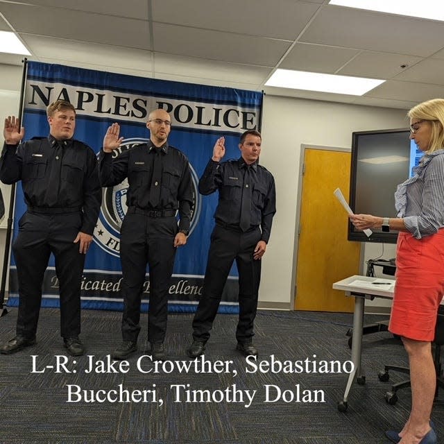 Naples Police on May 8, 2023, certifies Jake Crowther, Sebastiano Buccheri and Timothy Dolan to patrol city streets. They were among recent police academy graduates.