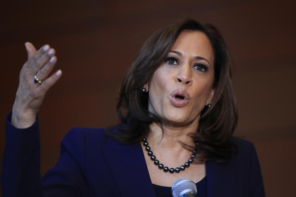 In this Jan. 21, 2019, photo, Sen. Kamala Harris, D-Calif., speaks to members of the media at her alma mater, Howard University in Washington. The 2020 presidential election already includes more than a half-dozen Democrats whose identities reflect the nation’s growing diversity, as well as embody the coalition that helped Barack Obama first seize the White House in 2008. (AP Photo/Manuel Balce Ceneta)