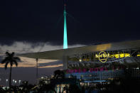 Hard Rock Stadium is shown Thursday, Jan. 30, 2020, in Miami Gardens, Fla., in preparation for the NFL Super Bowl 54 football game. (AP Photo/David J. Phillip)