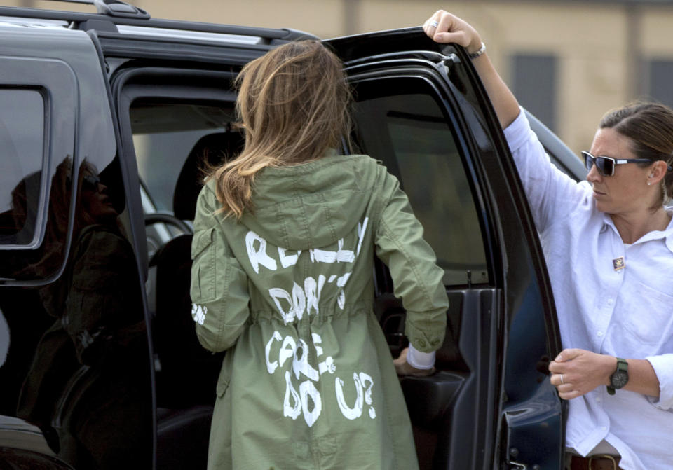 First lady Melania Trump arrives at Andrews Air Force Base, Md., Thursday, June 21, 2018, after visiting the Upbring New Hope Children Center run by the Lutheran Social Services of the South in McAllen, Texas. (AP Photo/Andrew Harnik)