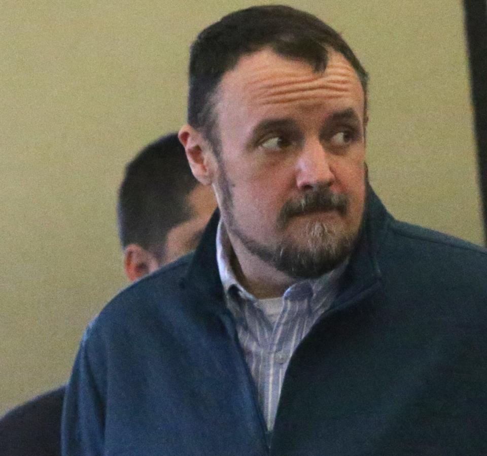 Defendant Timothy Verrill exits the courtroom for the afternoon break during hisdouble murder trial at Strafford County Superior Court in Dover Friday, March 22, 2024.