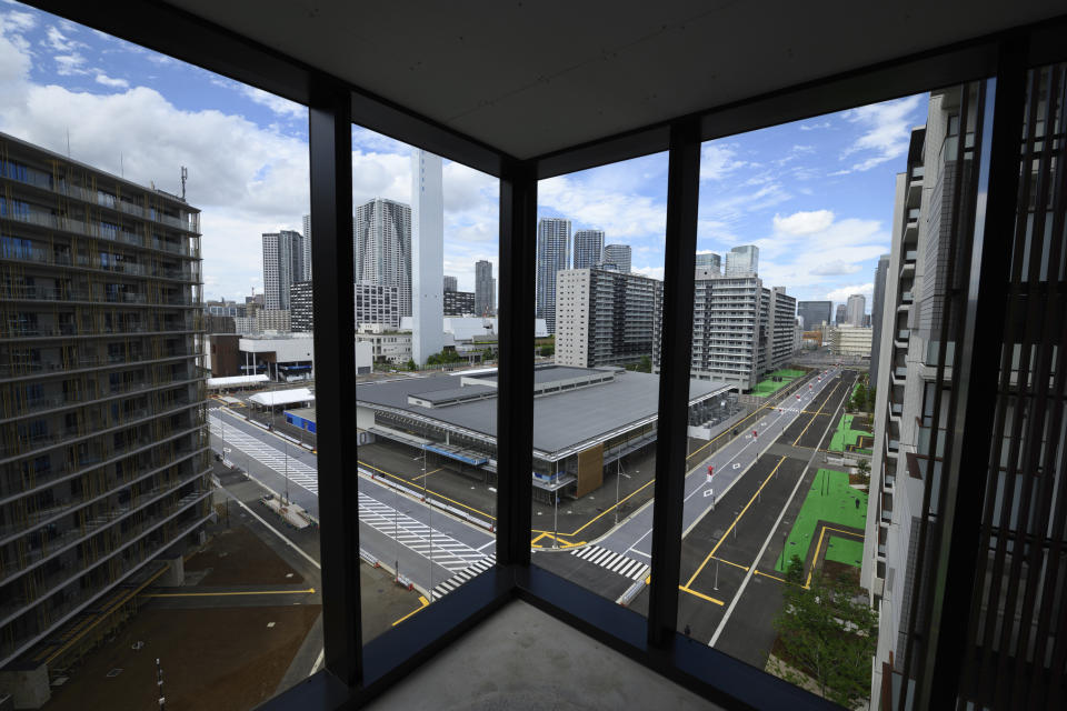 A view from residential buildings for athletes during a media tour at the Olympic and Paralympic Village for the Tokyo 2020 Games, constructed in the Harumi waterfront district of Tokyo, Sunday, June 20, 2021. (Akio Kon/Pool Photo via AP)