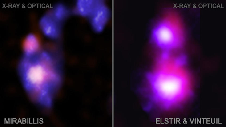 The two sets of colliding black holes in dwarf galaxies as seen by NASA's Chandra X-ray Observatory.