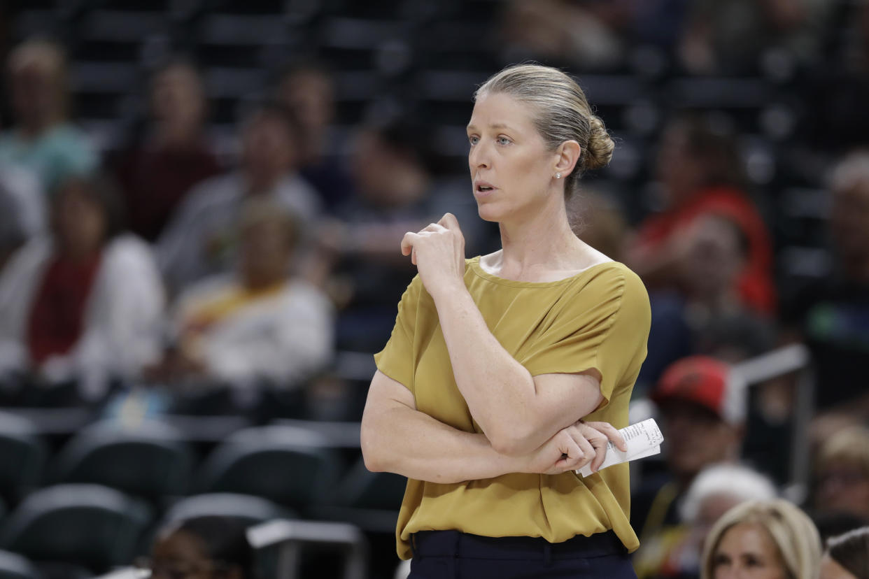 New York Liberty head coach Katie Smith watches during the second half of a WNBA basketball game against the Indiana Fever, Tuesday, Aug. 20, 2019, in Indianapolis. (AP Photo/Darron Cummings)