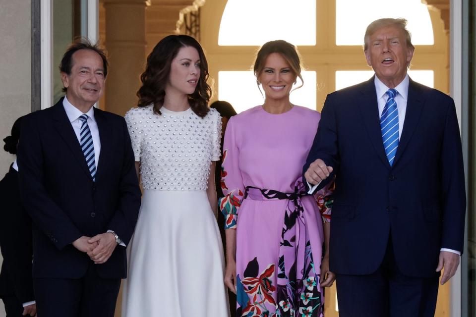 John Paulson, Alina de Almeida, Melania Trump, and Donald Trump gather for a fundraiser for the Trump campaign on 6 April, 2024 (Getty Images)