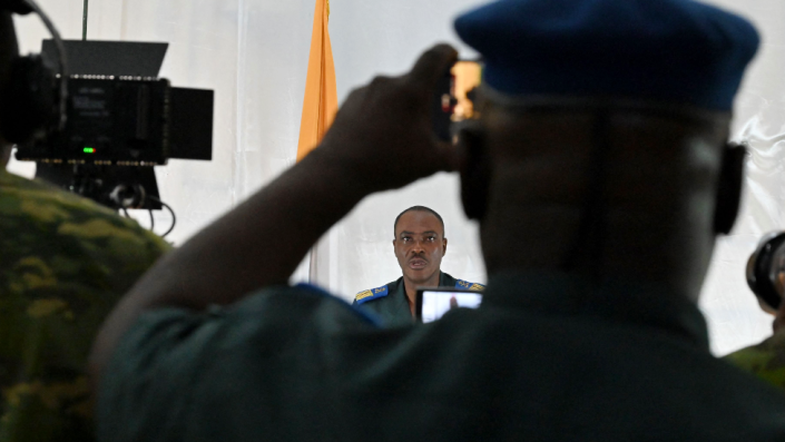 Ivorian army officer Colonel Armand Guzoa Mahi addresses the press at the army headquarters in Abidjan, Ivory Coast - Wednesday 13 July 2022