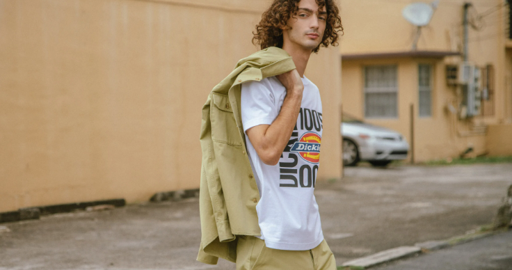 Model wearing Dickies 100th anniversary clothing