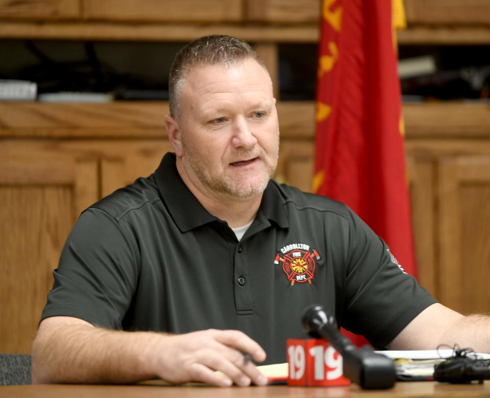 Carrollton Fire Chief Shane Thomas speaks Monday about a house fire that killed 18-year-old Carrollton High School student Aiden McNutt on Saturday in Washington Township.