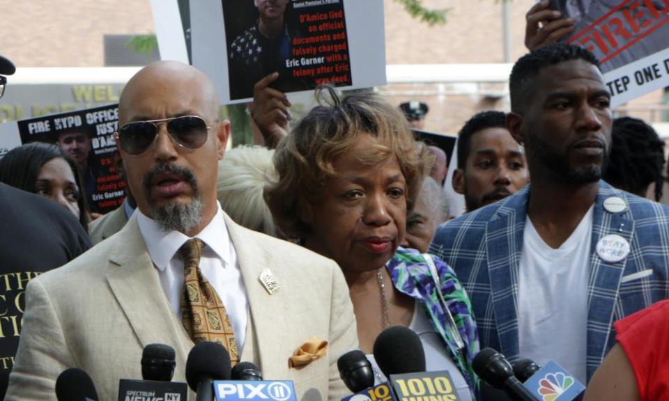 Eric Garner’s family holds a press conference regarding the firing of NYPD officer Daniel Pantaleo, on 19 August.