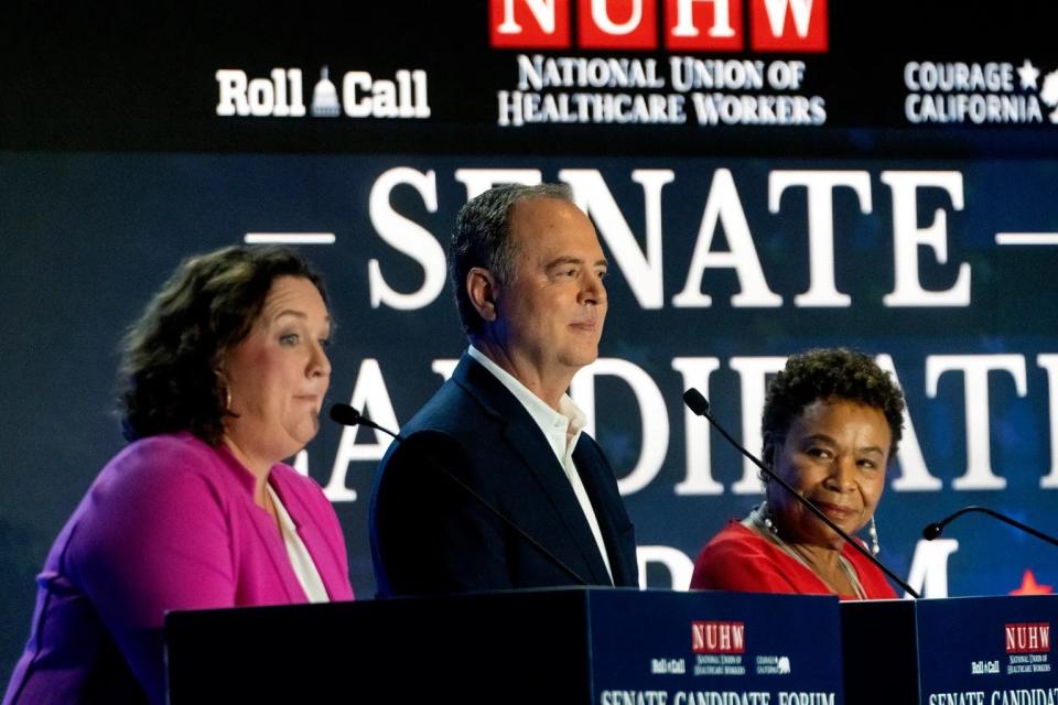 Reps. Katie Porter, Adam Schiff and Barbara Lee (from left) during a U.S. Senate candidate forum hosted by the National Union of Health Care Workers in Los Angeles on Oct. 8, 2023.