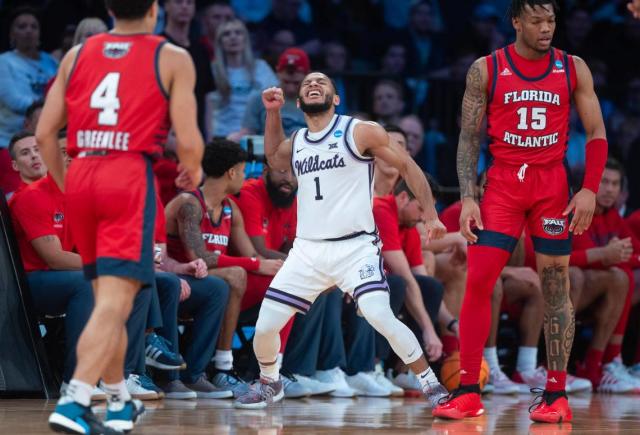 Kansas State’s Markquis Nowell celebrates a turnover by Florida Atlantic in the second half of their east region final game at Madison Square Garden on Saturday night.