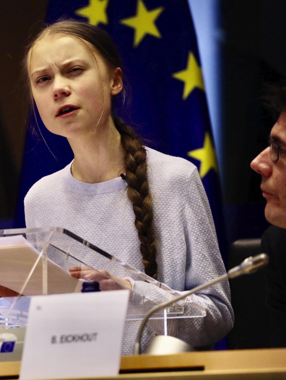 Swedish climate activist Greta Thunberg addresses a meeting of the Environment Council at the European Parliament in Brussels, Wednesday, March 4, 2020. Climate activists and Green members of the European Parliament are urging the European Union to be more ambitious as the bloc gets ready to unveil plans for a climate law to cut greenhouse gas emissions to zero by mid-century. (AP Photo/Olivier Matthys)